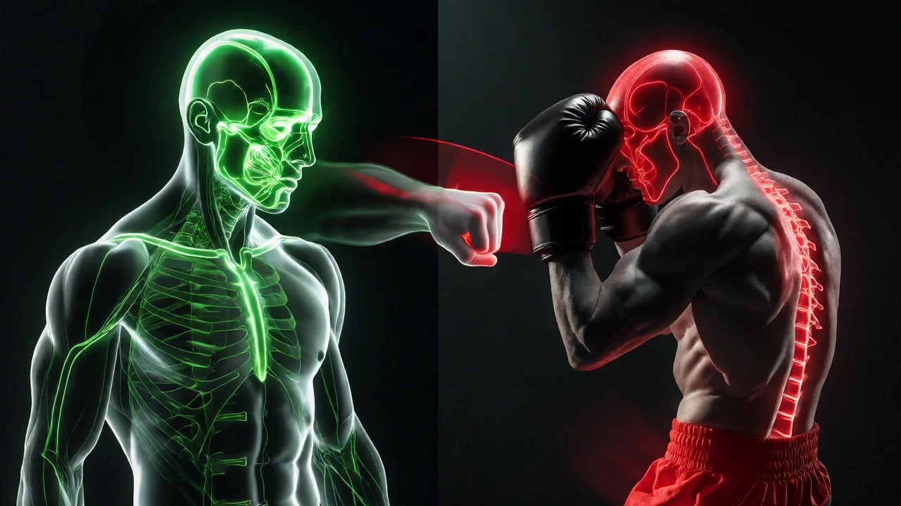 Conceptual image contrasting legal green target zones with illegal red danger zones on a boxer.