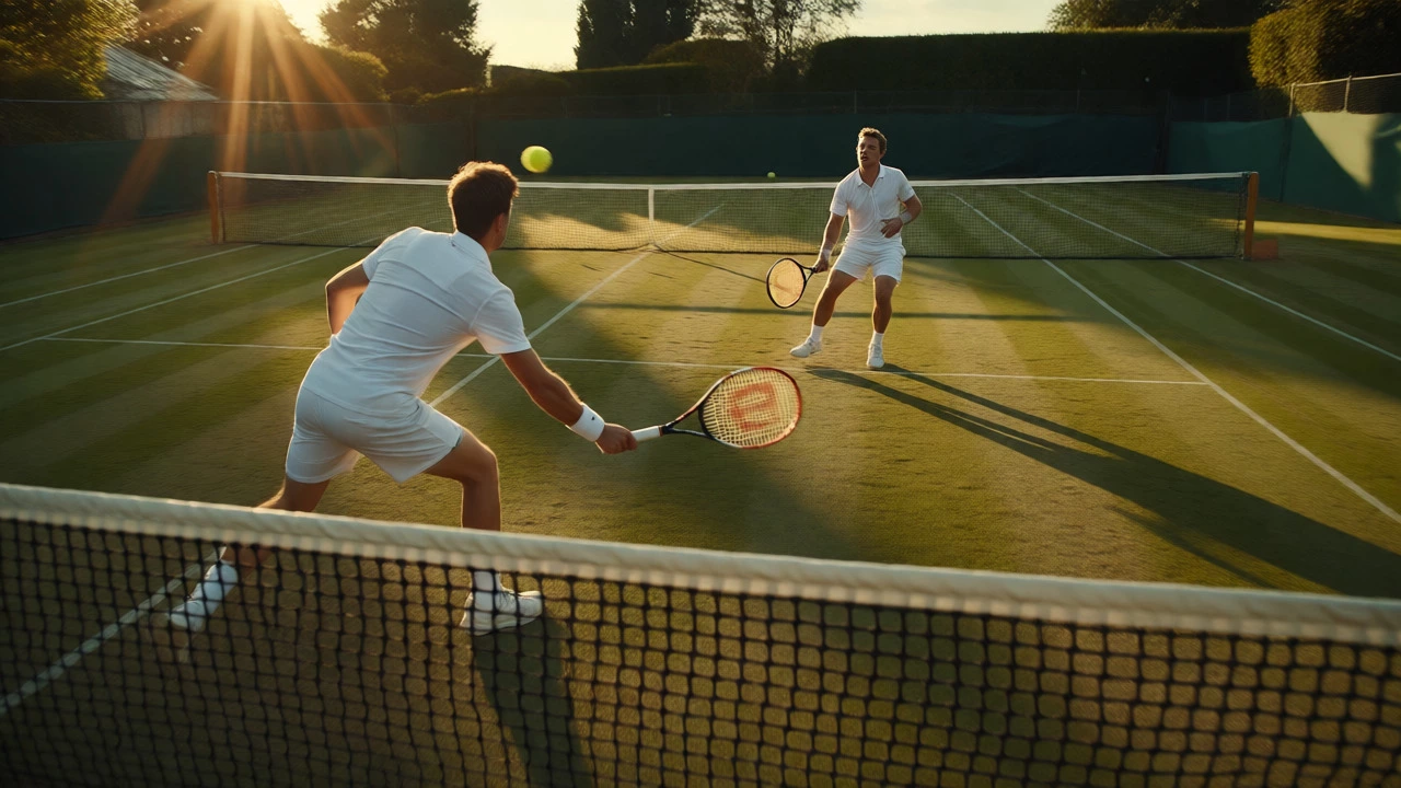 Doubles team coordinating a poach on a grass court during a fast-paced exchange.