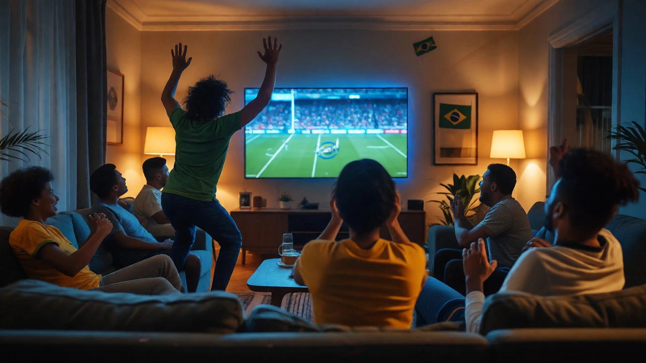 Excited Brazilian expatriates celebrating a rugby match victory together in a living room.