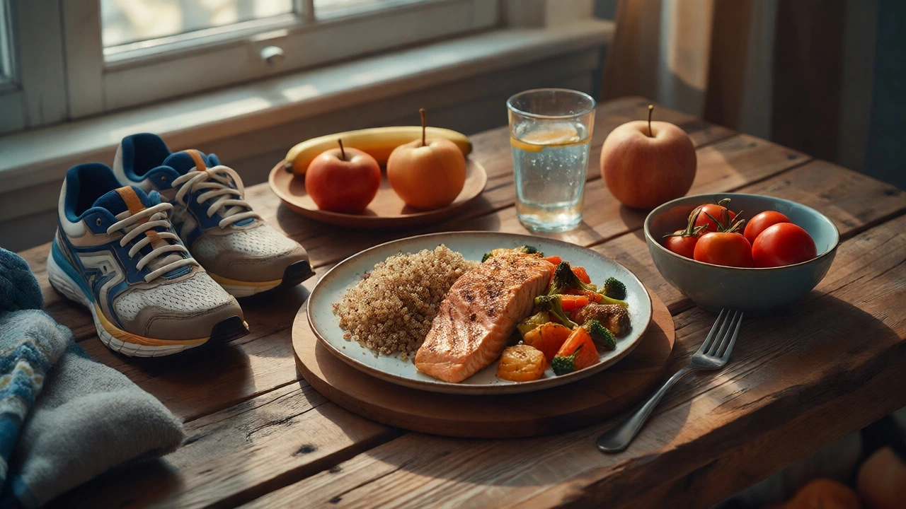 Healthy post-workout meal with running shoes nearby