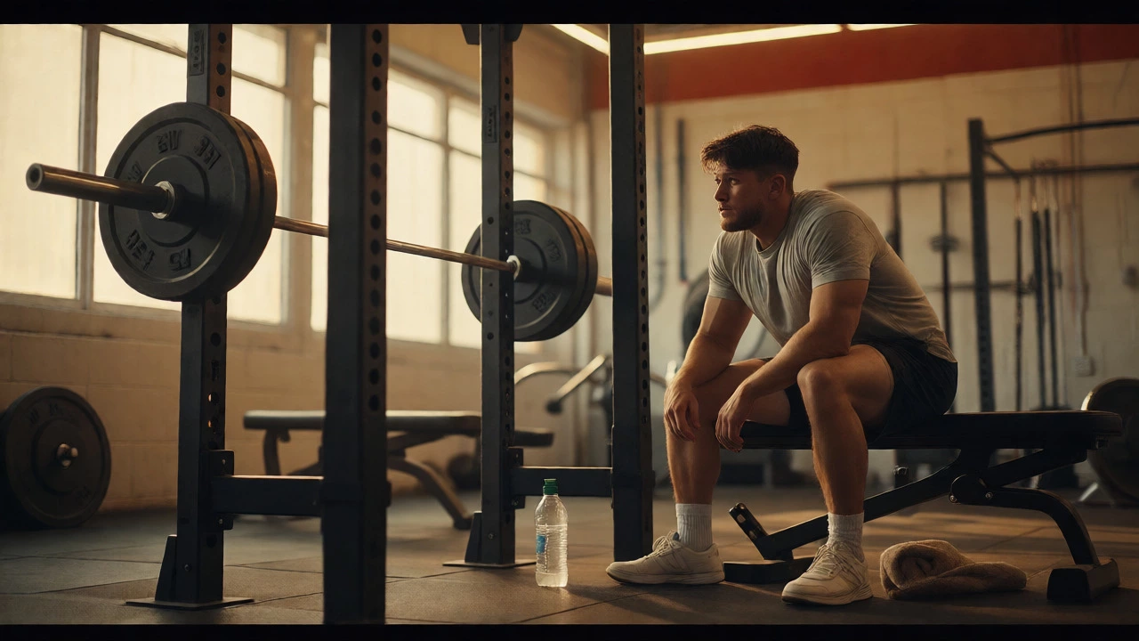 Lifter resting between sets near a squat rack, focusing on recovery