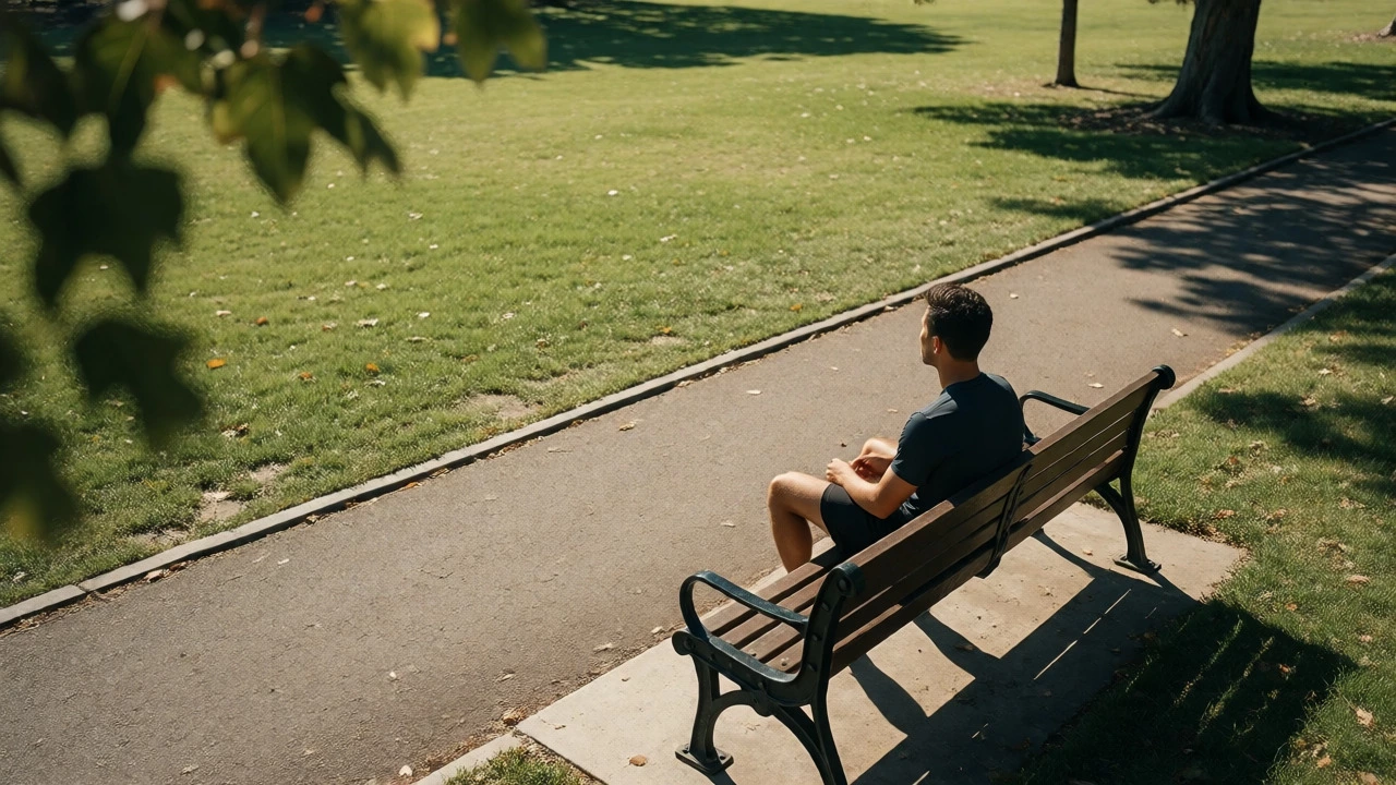 Marathoner resting on a park bench, enjoying a mental break in a green setting.
