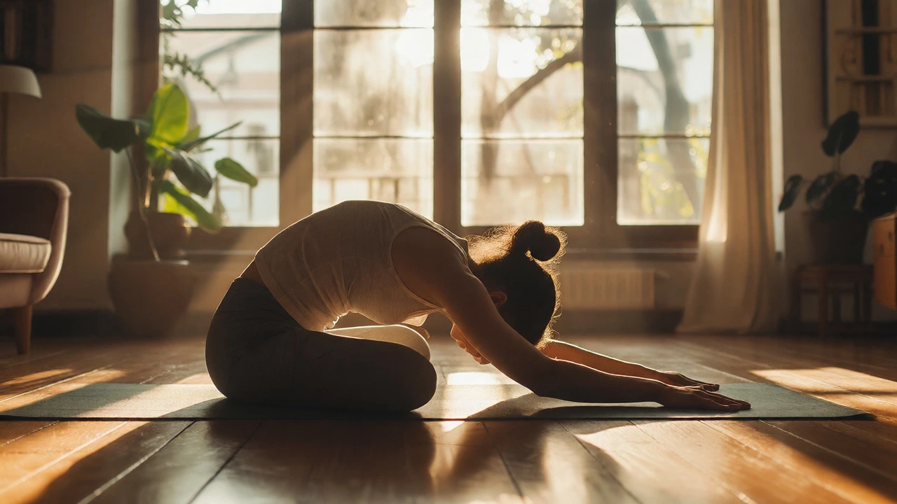 Person doing gentle yoga stretches in morning sunlight