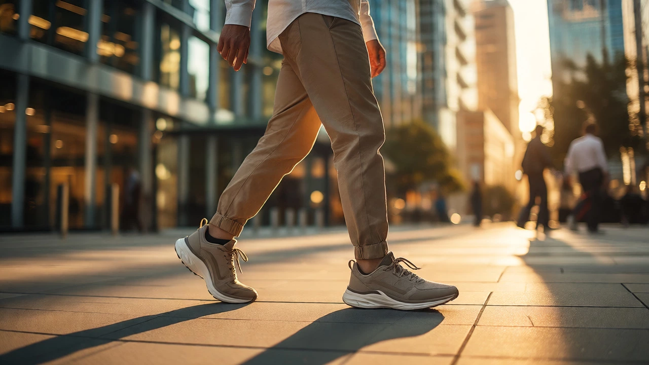 Person in casual clothes wearing running shoes while walking in a city.