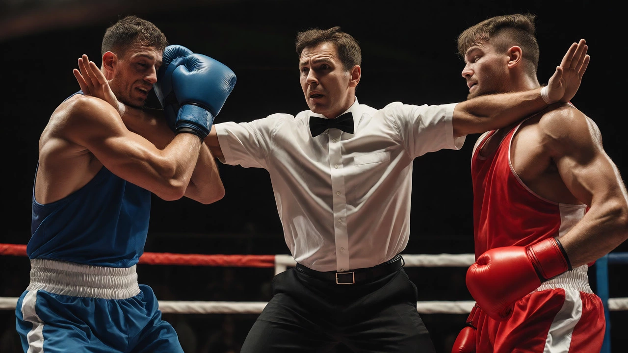 Referee breaking up a holding clinch between two tired boxers