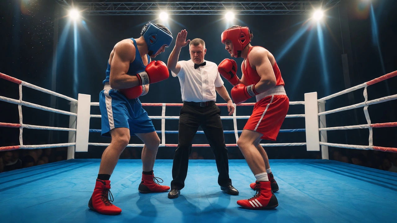 Referee intervening after a low blow foul as a boxer clutches his abdomen in pain.