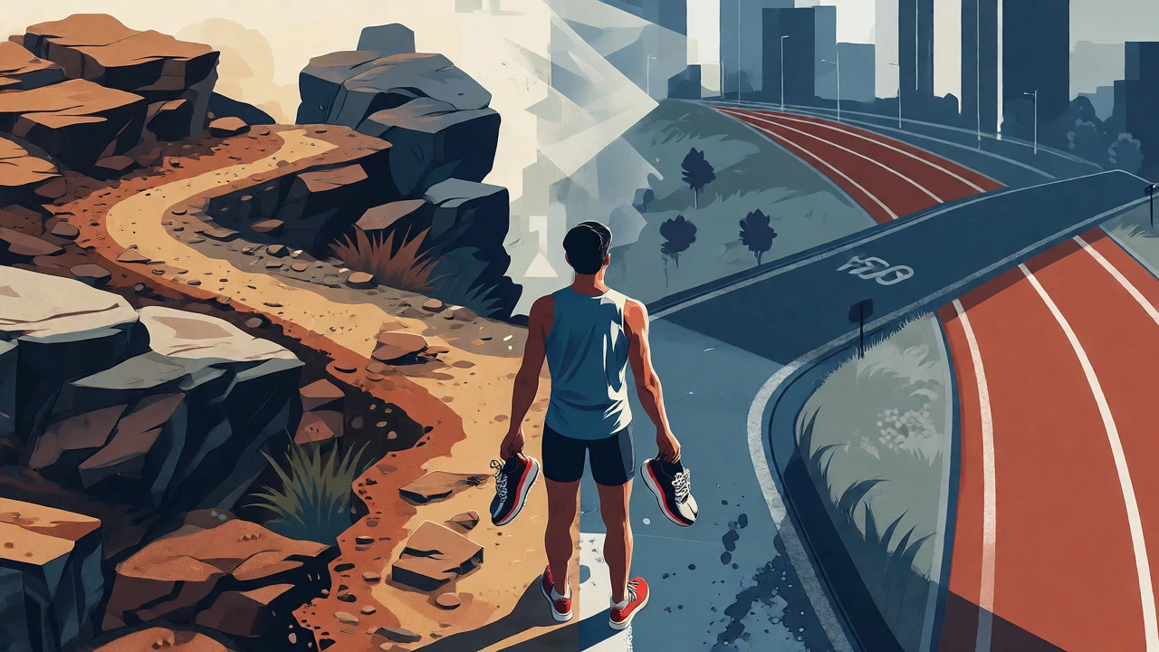 Runner deciding between trail and road paths holding two shoes