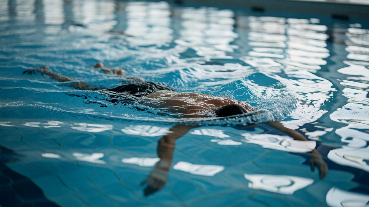 Runner performing low-impact active recovery swimming in a calm indoor pool.