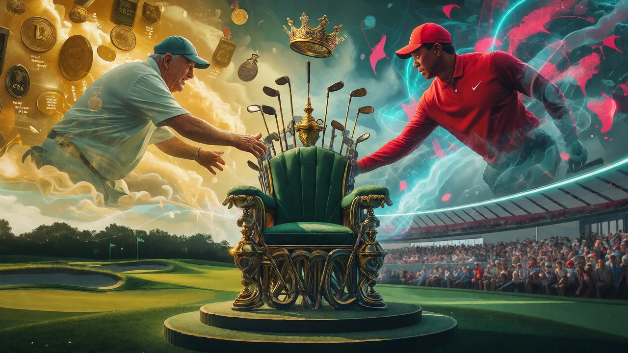 Spectral figures of Nicklaus and Woods reaching for a hovering crown above a golf-themed throne.