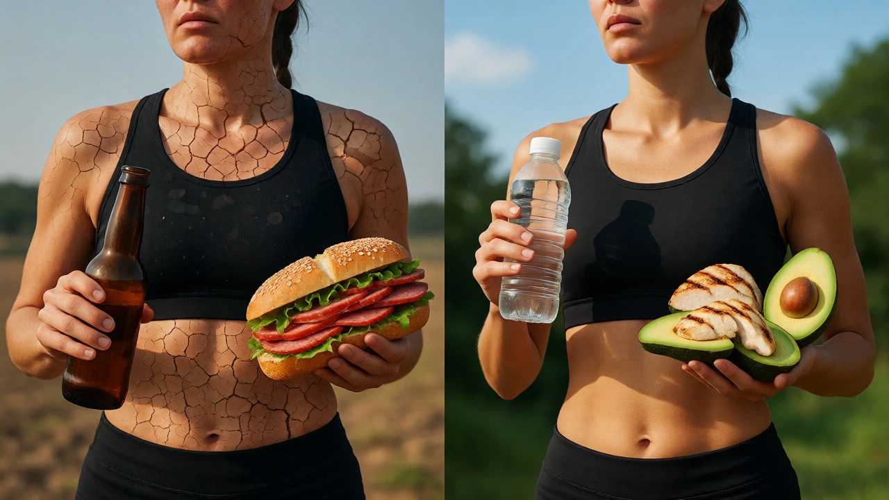 Split view comparing dehydrated runner with alcohol vs hydrated runner