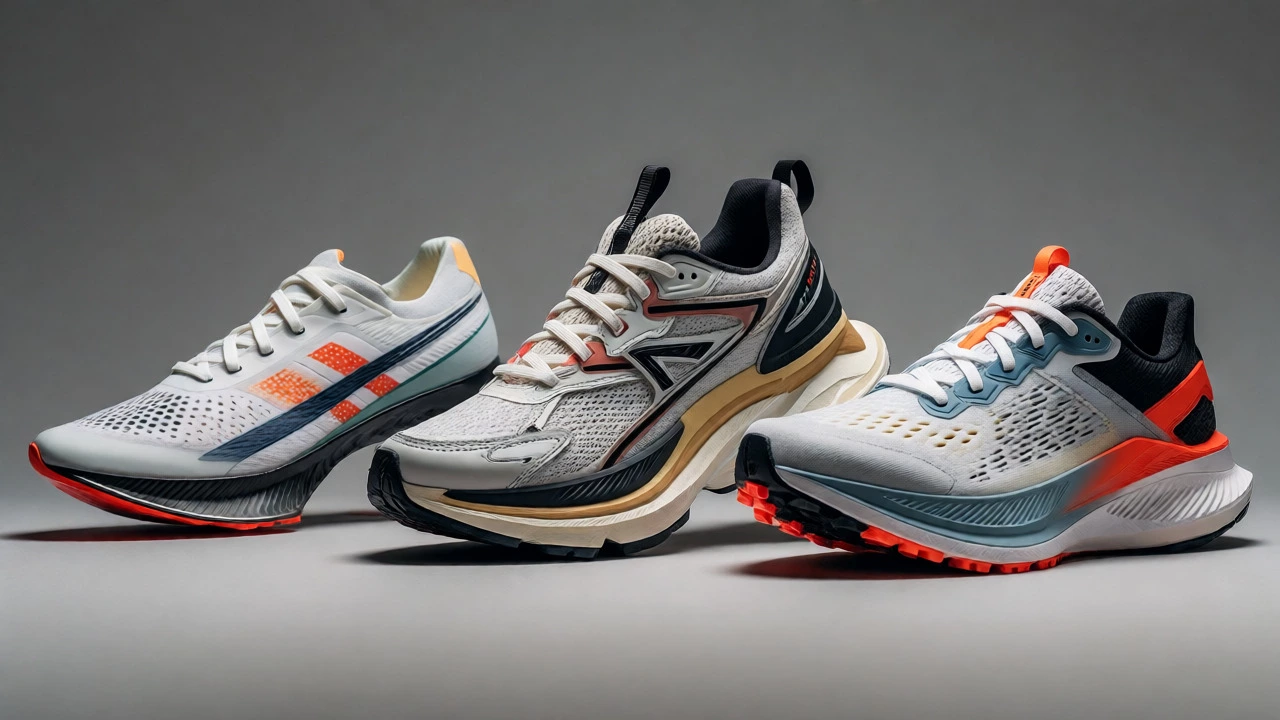 Studio shot comparing racing, maximalist, and stability running shoes