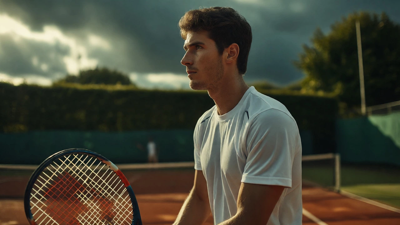 Tennis player focusing intently before a second serve, displaying mental composure.