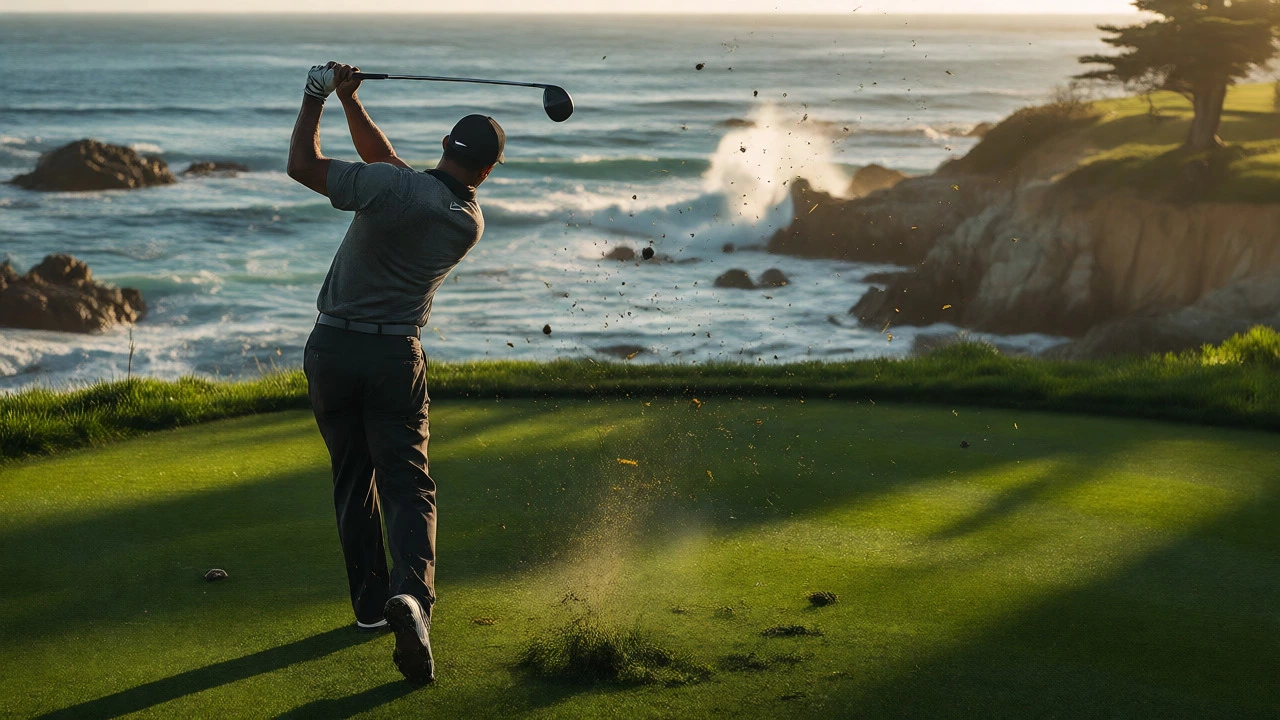 Tiger Woods swinging a driver on the Pebble Beach coastline at sunset, showcasing power and dominance.